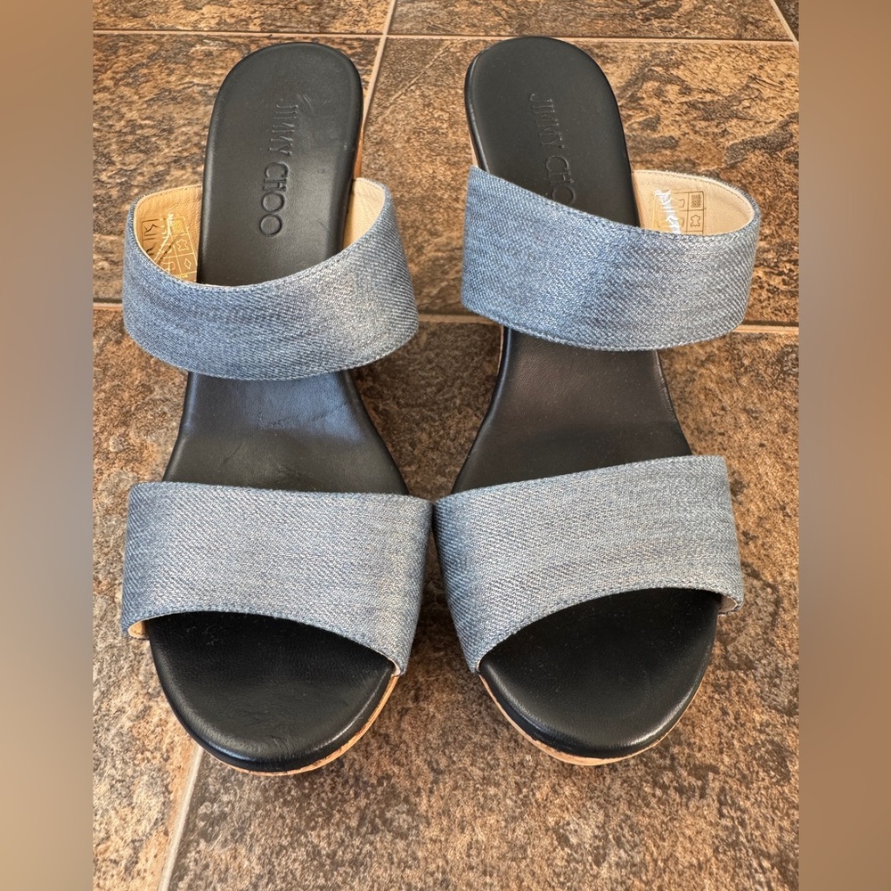 Jimmy Choo Parker 100 Metallic Denim Cork Wedge Mules- Women’s Size 40/9